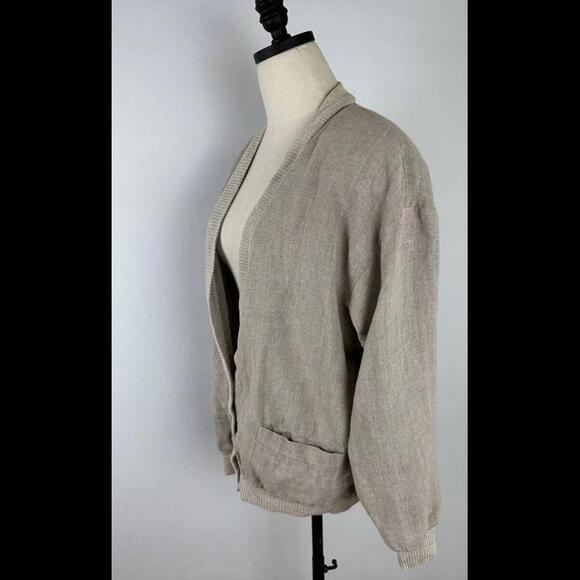 Vintage 80s 90s Beige Linen Campus Cardigan Jacket  Minimalist Earthtone Grandpa - Picture 4 of 9